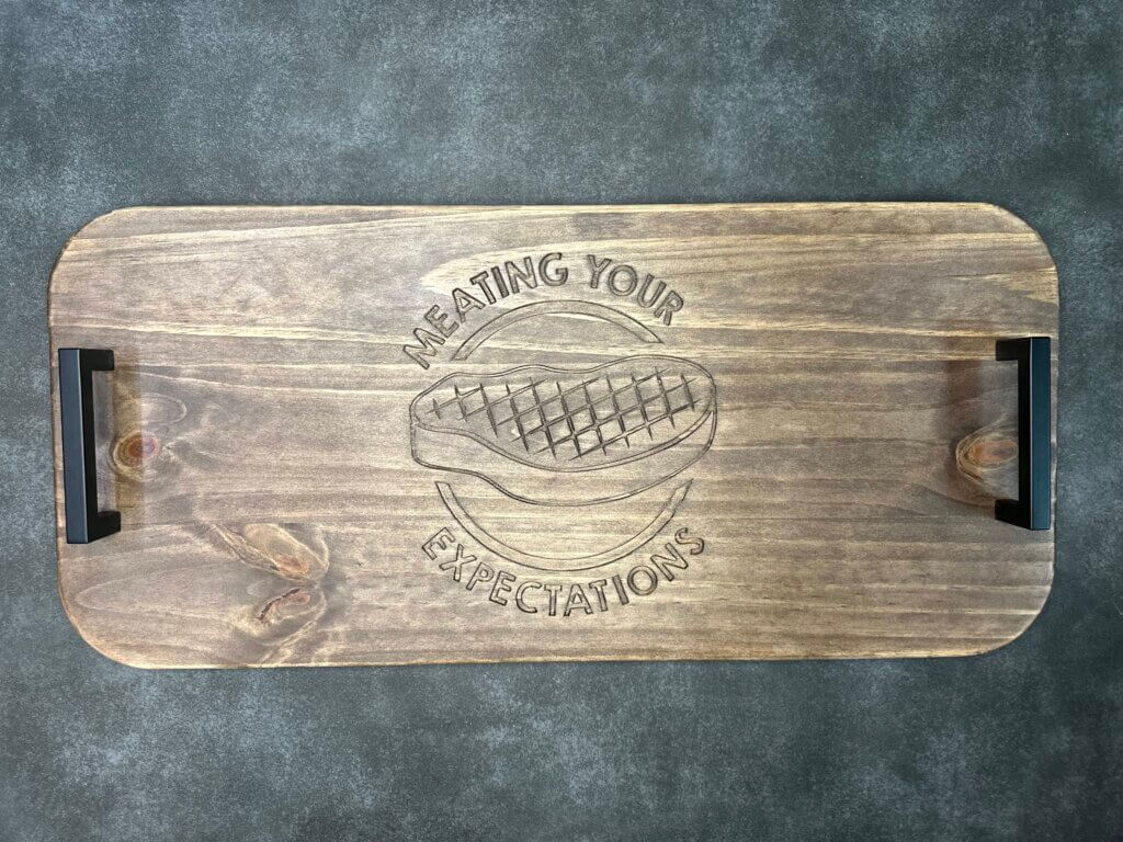 Rustic Wooden Serving Tray with Black Metal Handles and Unique Engraving - Walnut Stain