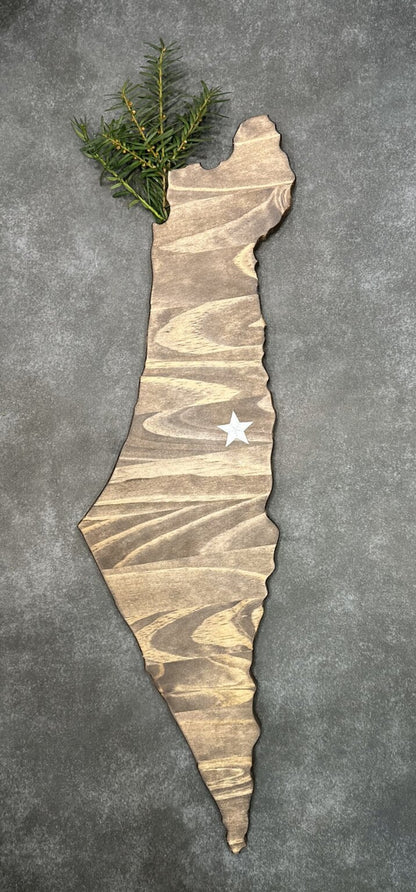 Israel Shape Cedar Wall Art with Jerusalem Star Sticker - 7" x 24" x 1/2", Dark Walnut Stain