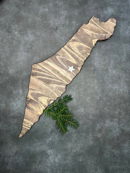 Israel Shape Cedar Wall Art with Jerusalem Star Sticker - 7" x 24" x 1/2", Dark Walnut Stain