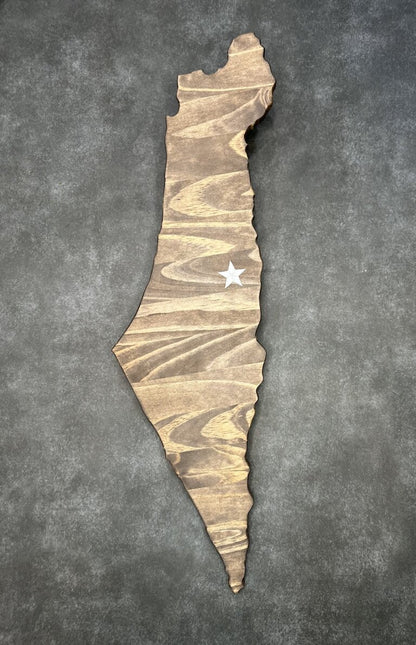 Israel Shape Cedar Wall Art with Jerusalem Star Sticker - 7" x 24" x 1/2", Dark Walnut Stain