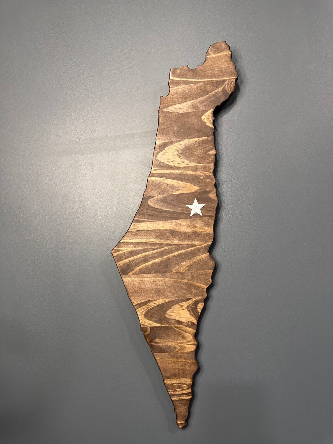 Israel Shape Cedar Wall Art with Jerusalem Star Sticker - 7" x 24" x 1/2", Dark Walnut Stain