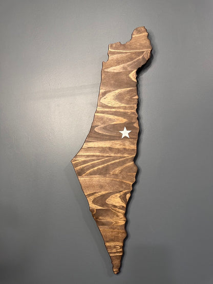 Israel Shape Cedar Wall Art with Jerusalem Star Sticker - 7" x 24" x 1/2", Dark Walnut Stain