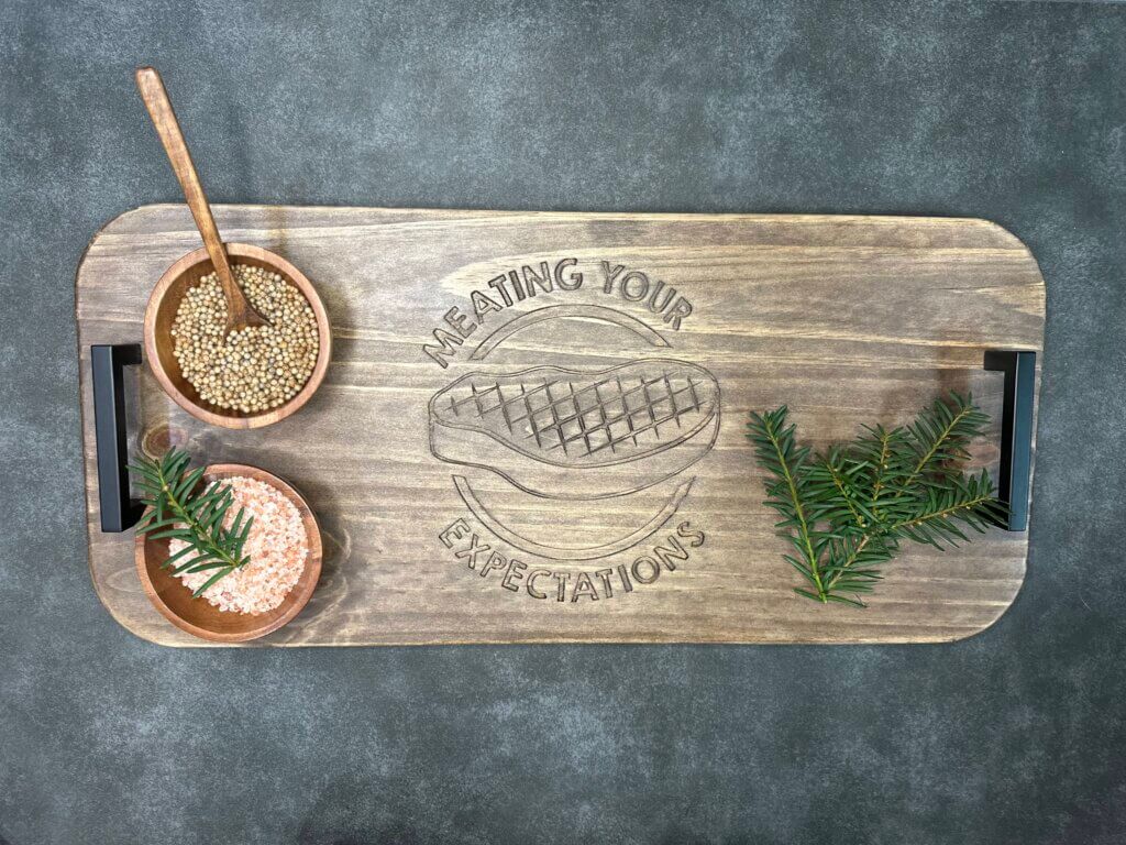 Rustic Wooden Serving Tray with Black Metal Handles and Unique Engraving - Walnut Stain