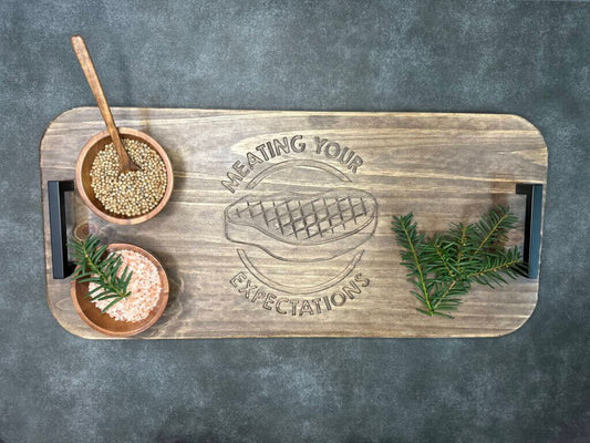 Rustic Wooden Serving Tray with Black Metal Handles and Unique Engraving - Walnut Stain
