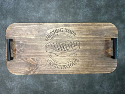 Rustic Wooden Serving Tray with Black Metal Handles and Unique Engraving - Walnut Stain