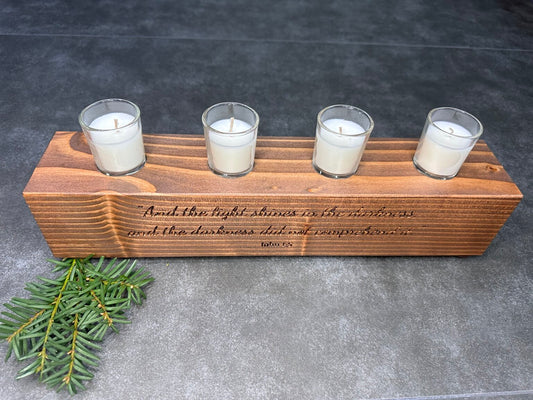 4-Candle Wooden Holder with Filled Glass Votive Candles - 16" Long