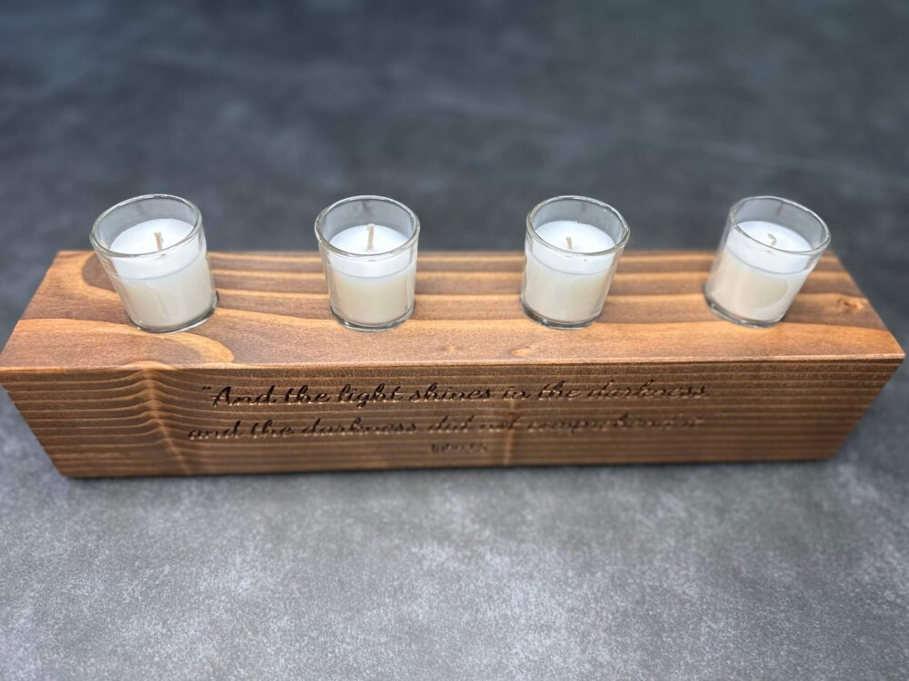4-Candle Wooden Holder with Filled Glass Votive Candles - 16" Long