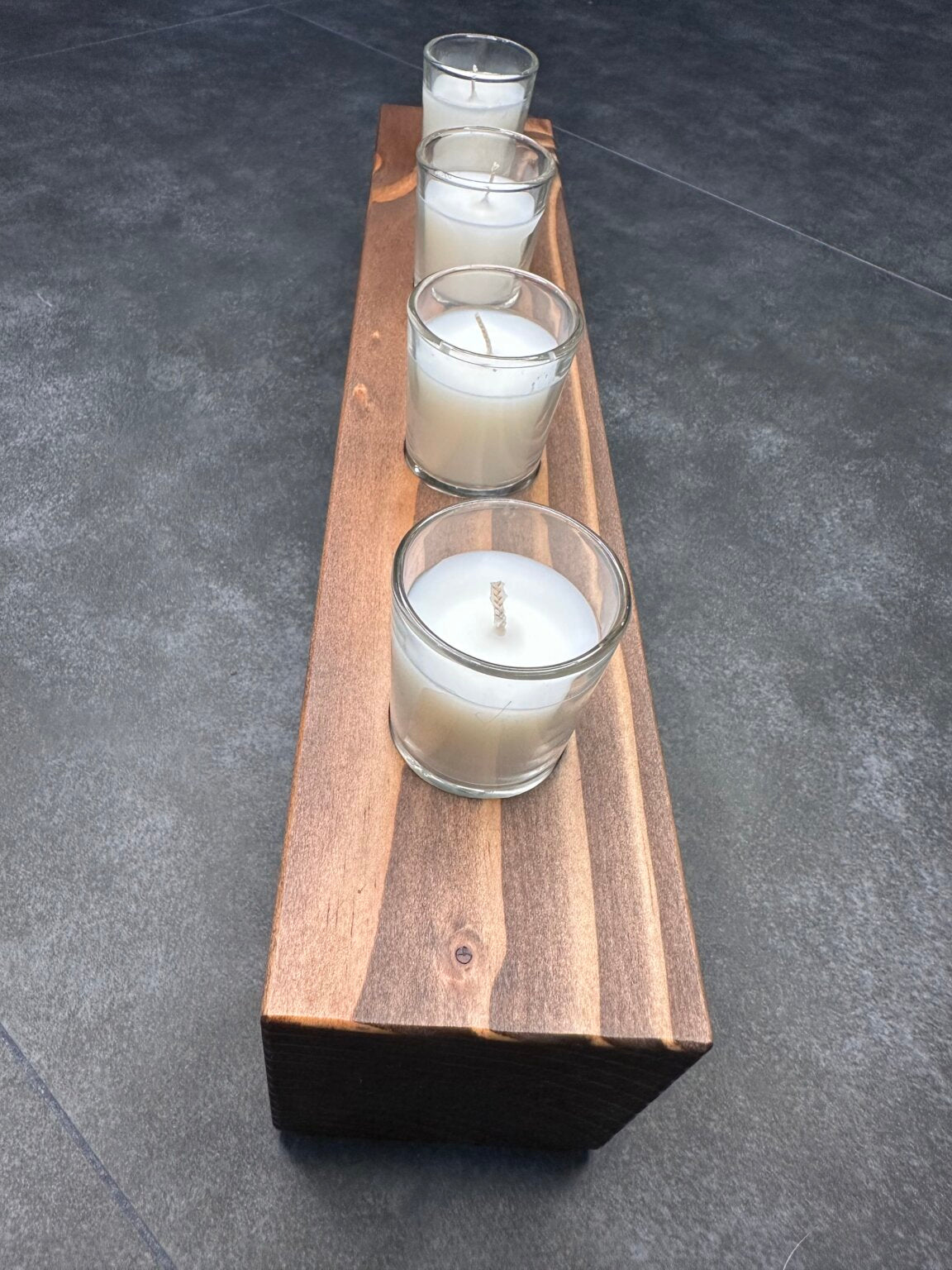 4-Candle Wooden Holder with Filled Glass Votive Candles - 16" Long