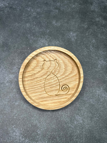 4 3/8" x 5/8" Kids Small Jewelry Tray White Oak Round Coaster with Funny Cat Engraving