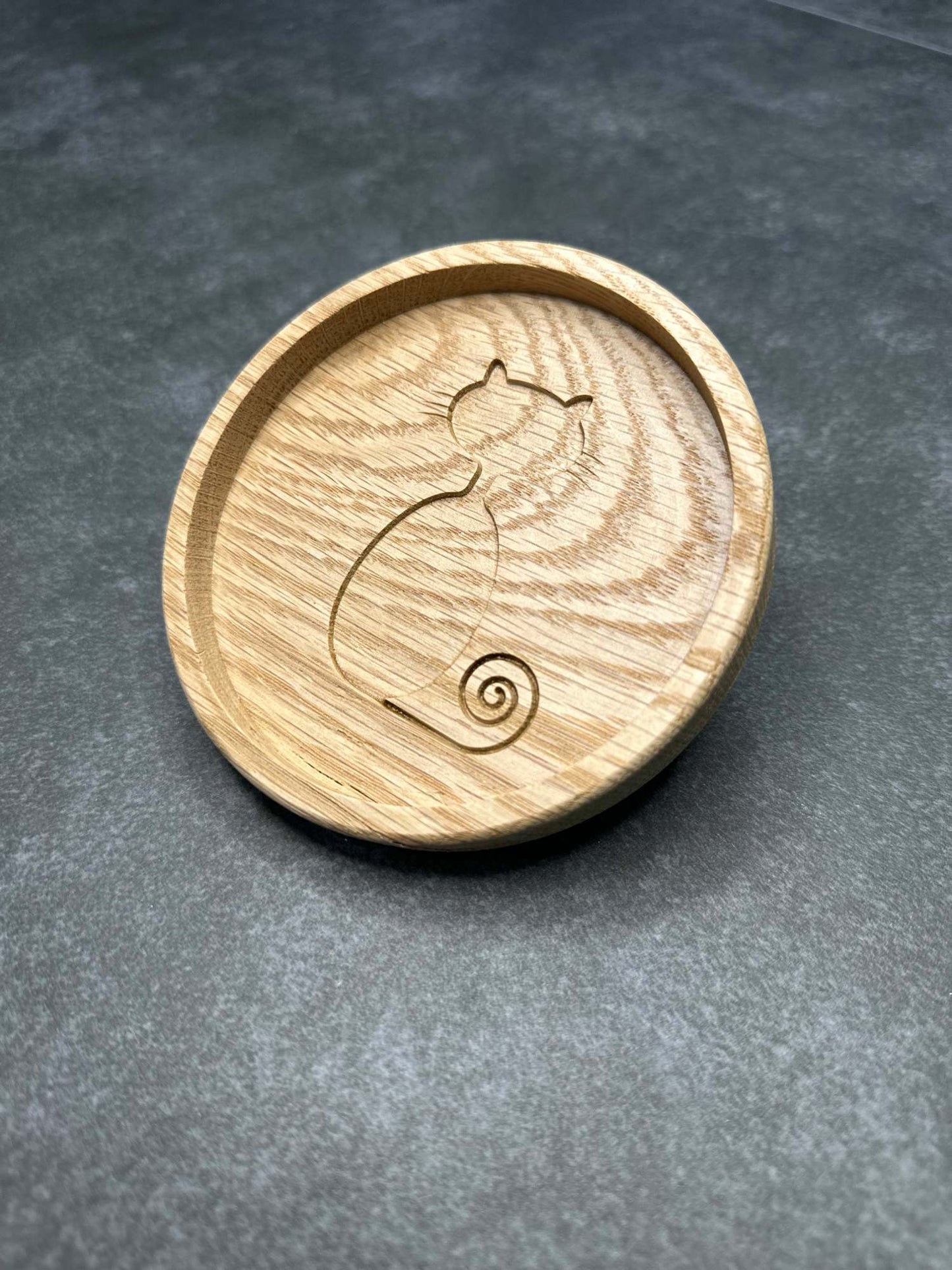 4 3/8" x 5/8" Kids Small Jewelry Tray White Oak Round Coaster with Funny Cat Engraving