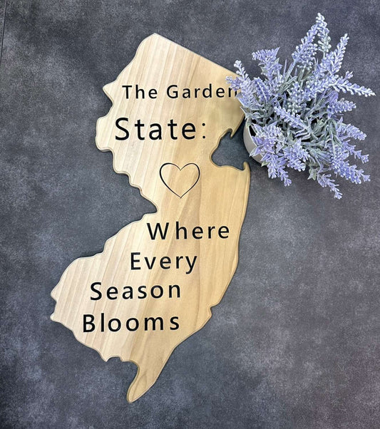 New Jersey State Wooden Wall Art Cut-Off Sign - Poplar Wood | The Garden State: Where Every Season Blooms