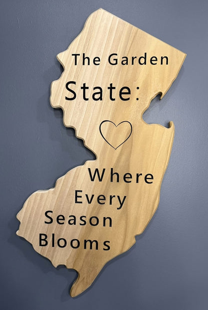 New Jersey State Wooden Wall Art Cut-Off Sign - Poplar Wood | The Garden State: Where Every Season Blooms