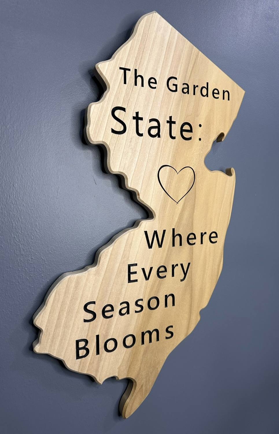 New Jersey State Wooden Wall Art Cut-Off Sign - Poplar Wood | The Garden State: Where Every Season Blooms