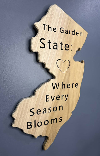 New Jersey State Wooden Wall Art Cut-Off Sign - Poplar Wood | The Garden State: Where Every Season Blooms