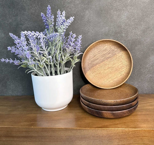 Eco-Friendly Small, 5-in Japanese Style Natural Wooden Fruit, Desert Plate Round - 4 plates in a package