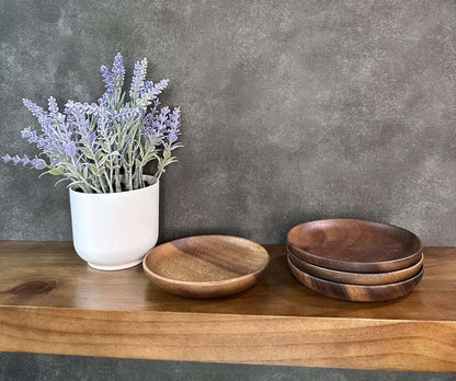 Eco-Friendly Small, 5-in Japanese Style Natural Wooden Fruit, Desert Plate Round - 4 plates in a package