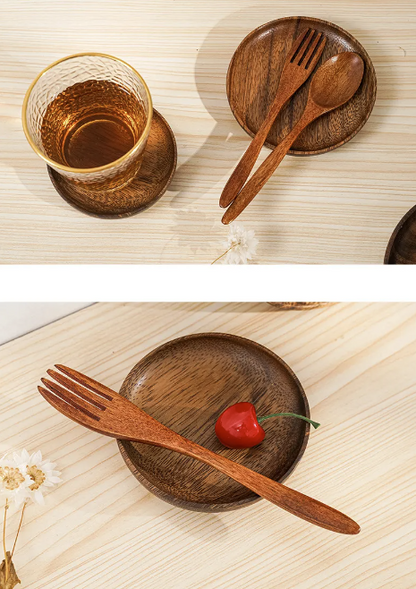 Eco-Friendly Small, 5-in Japanese Style Natural Wooden Fruit, Desert Plate Round - 4 plates in a package